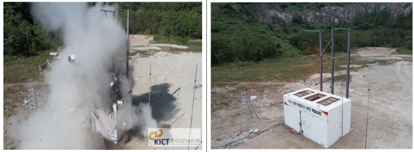 폭팔시 방산구 최적화 설계 미적용 파괴 모습(사진 왼쪽), 방산구 최적화 설계 적용 파괴 모습(사진 오른쪽)